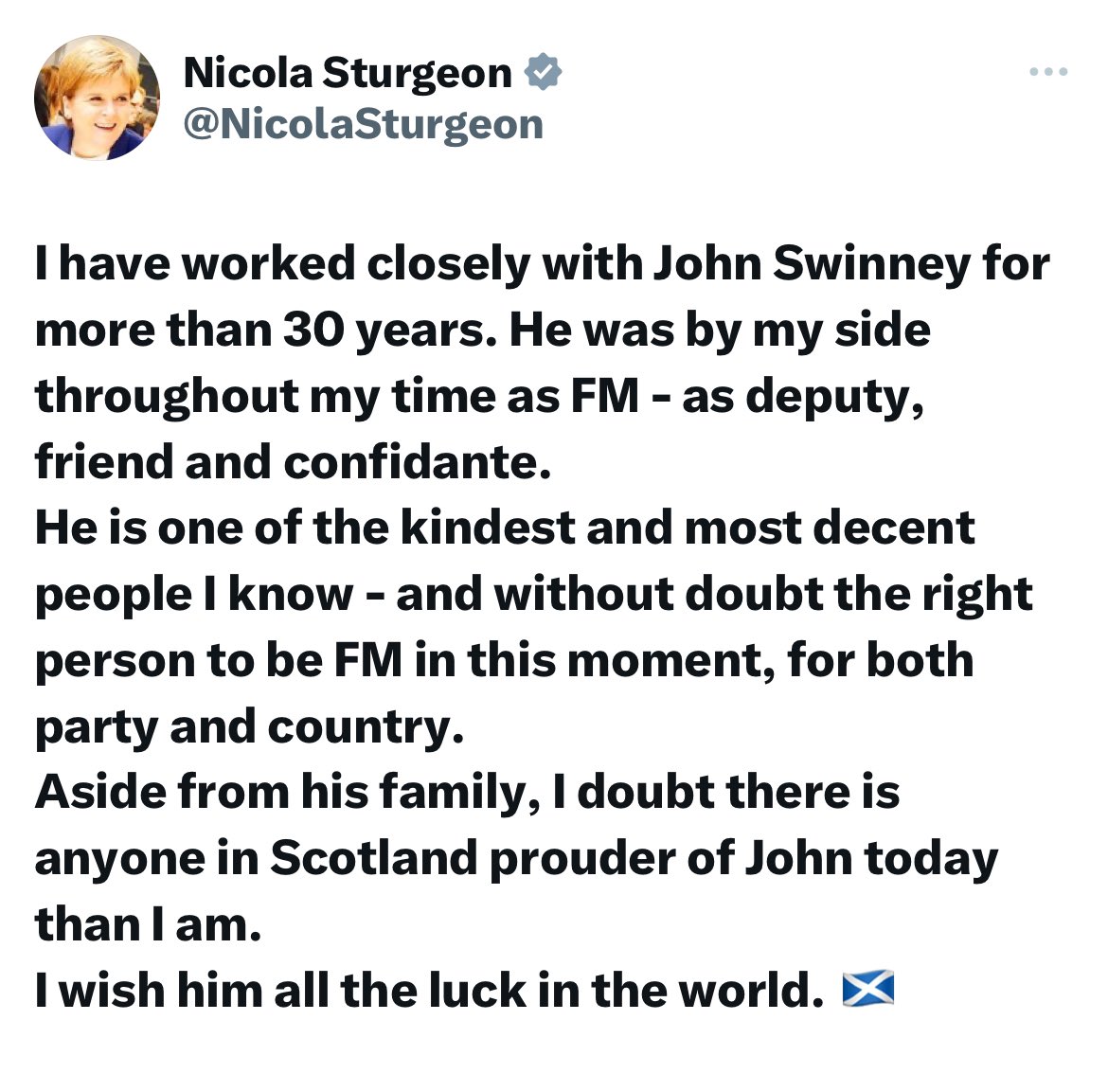 What a wonderful tribute to a fine man. Scotland's new First Minister @JohnSwinney 🏴󠁧󠁢󠁳󠁣󠁴󠁿 #JohnSwinney