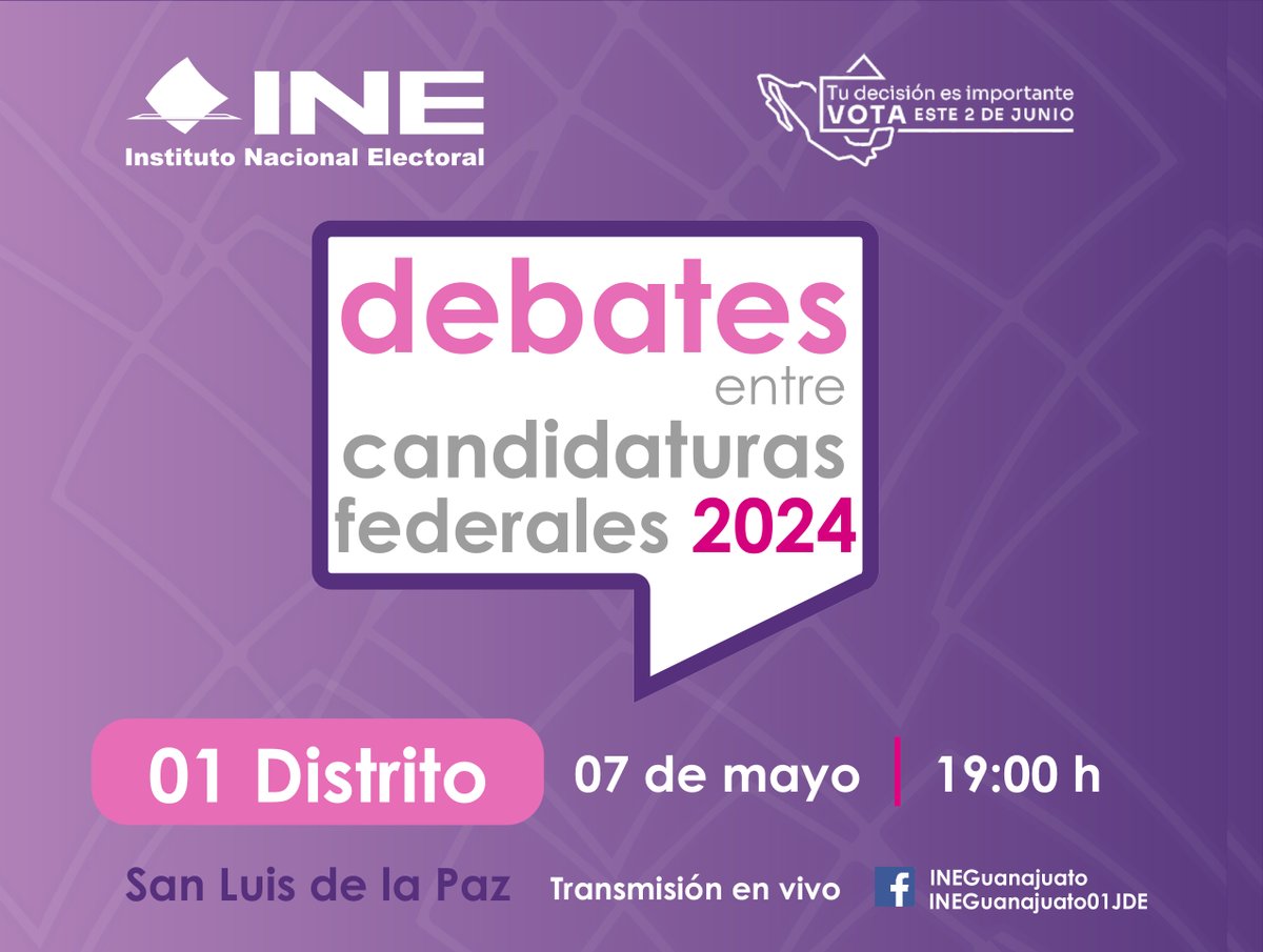 📺 ¡Sé parte de los #Debates entre candidaturas federales 2024! Participa y conoce las propuestas de las personas candidatas a la Diputación Federal por el 01 Distrito Electoral. ¡Ejerce tu #VotoInformado!