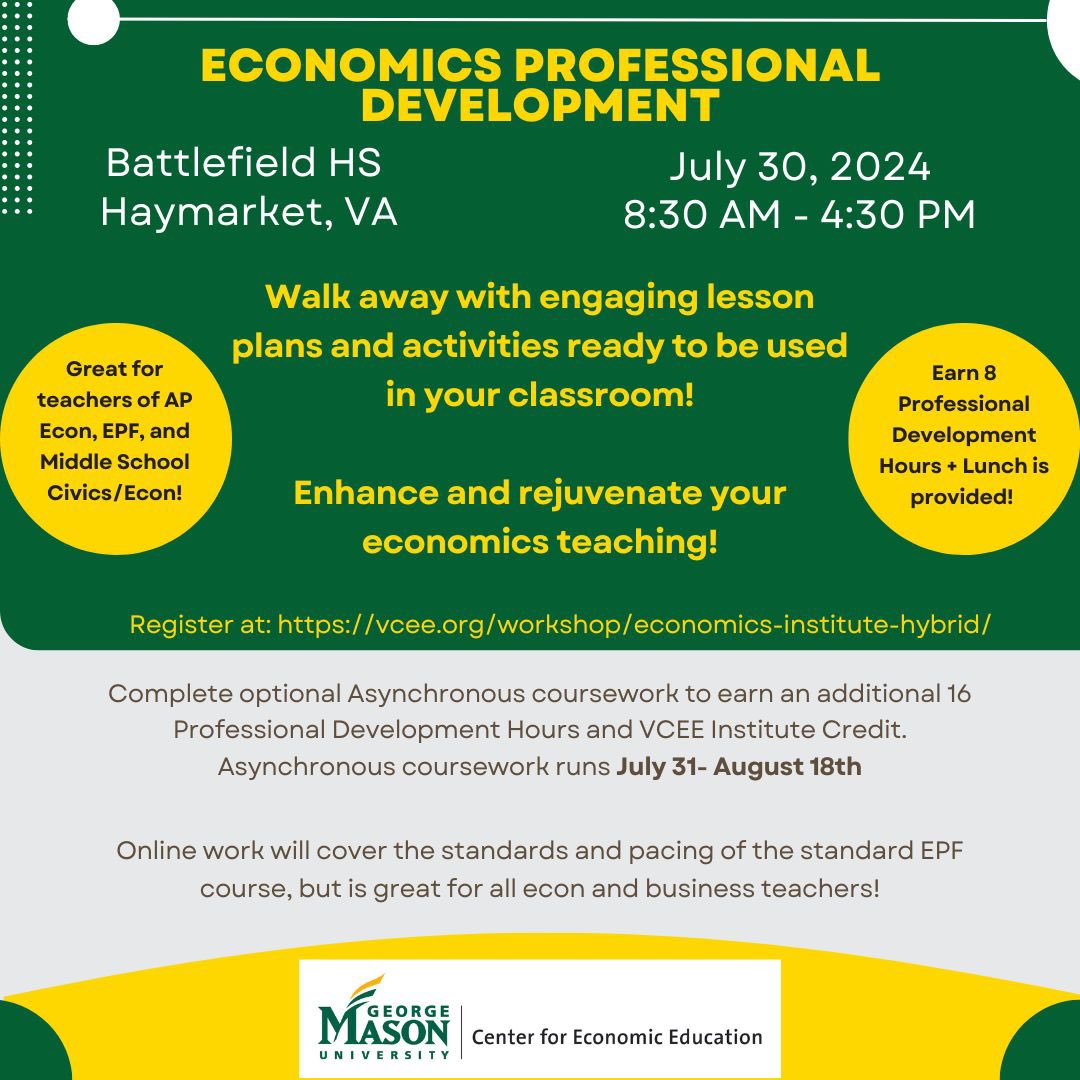 Join us July 30th for a full day of Economic PD! Walk away with great lesson plans to be implemented directly into any classroom!

You can complete two weeks of asynchronous work, learning more econ content to earn additional PD hours!

Register at: vcee.org/workshop/econo…