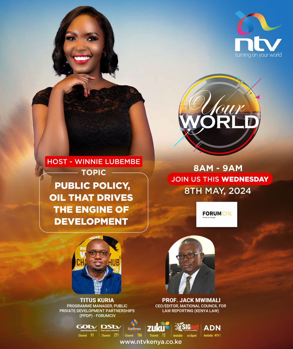Tune in to @ntvkenya tomorrow from 8am to catch @KuriaWambugua, the PPDP programme manager and professor @JackMwimali the @MyKenyaLaw CEO as they have a conversation around public policy. Hosted by @lubembe_winnie @Your_WorldNTV