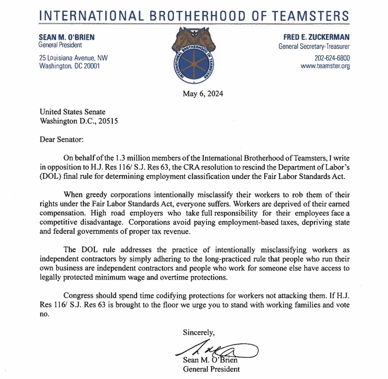 #Teamsters support @USDOL's final rule for determining employment classification under the Fair Labor Standards Act and we strongly oppose efforts to rescind the rule (H.J. Res 116/S.J. Res 63) being voted on today. 

Congress should be focused on protecting working people, not…