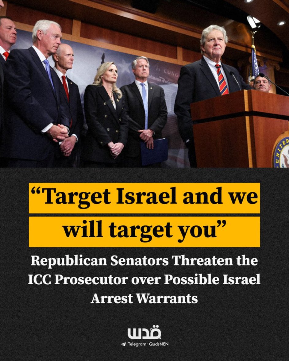 The threat US 🇺🇸 Republican Senators sent to the ICC: ‘We will target you.’ No one should be in any doubt. The genocide inflicted by Israel 🇮🇱 on the people of Gaza 🇵🇸 is a joint endeavour The US 🇺🇸, UK 🇬🇧 and Europe 🇪🇺 all as guilty. Get the lot of them to The Hague.