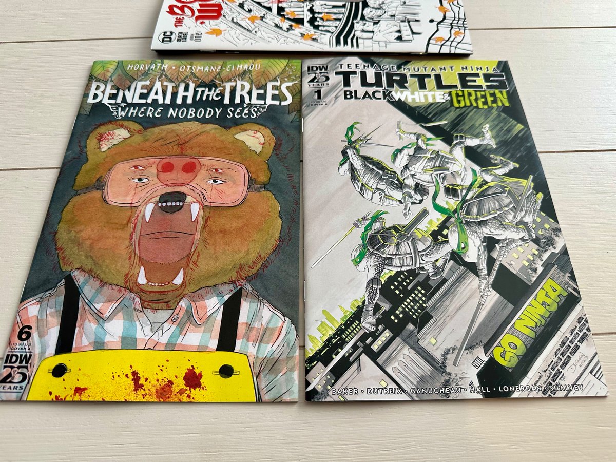 Out tomorrow from @IDWPublishing… -BENEATH THE TREES WHERE NOBODY SEES #6 (final issue!) -TMNT: BLACK, WHITE & GREEN #1 (of 4) (And shoutout to TMNT: NIGHTWATCHER writer @juni_ba for today’s release of THE BOY WONDER #1!)