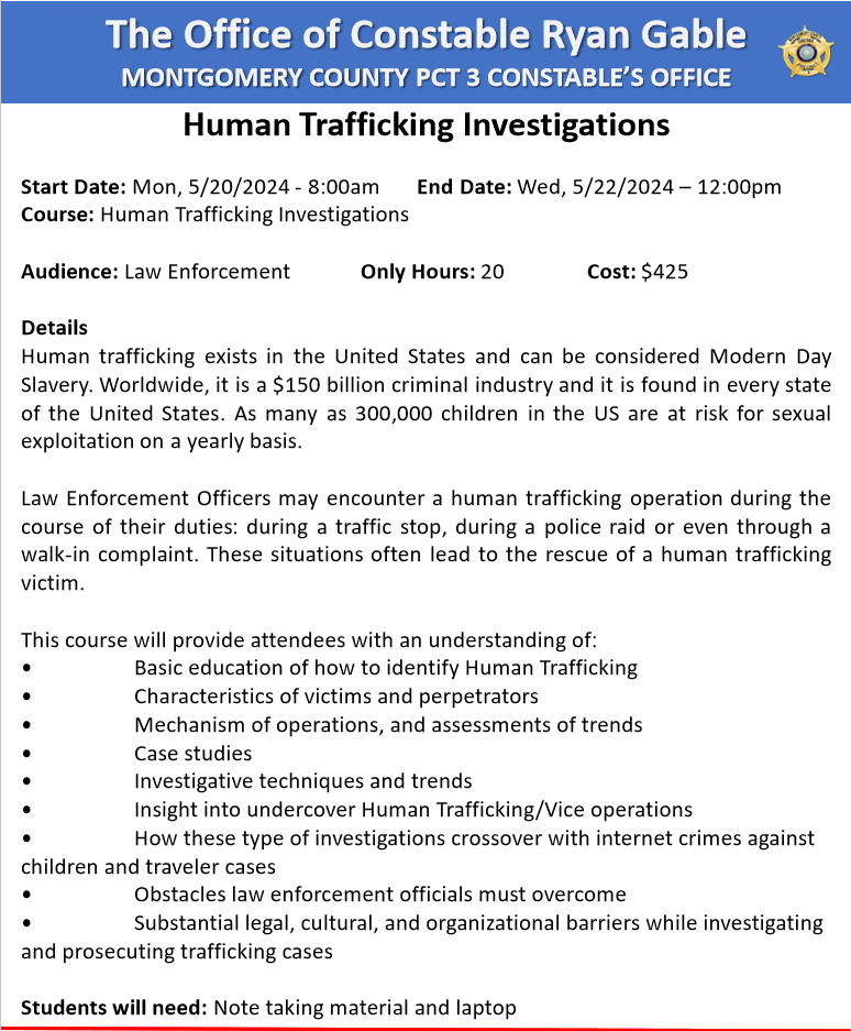mocopct3's tweet photo. **** TRAINING EVENT ****

Human Trafficking Investigations
Start Date: Mon, 5/20/2024 - 8:00am
End Date: Wed, 5/22/2024 – 12:00pm
Course: Human Trafficking Investigations
Audience: Law Enforcement Only
To register: https://t.co/riQculP74V 

#mcco3 #trainingevent https://t.co/pXvsYJEjsY