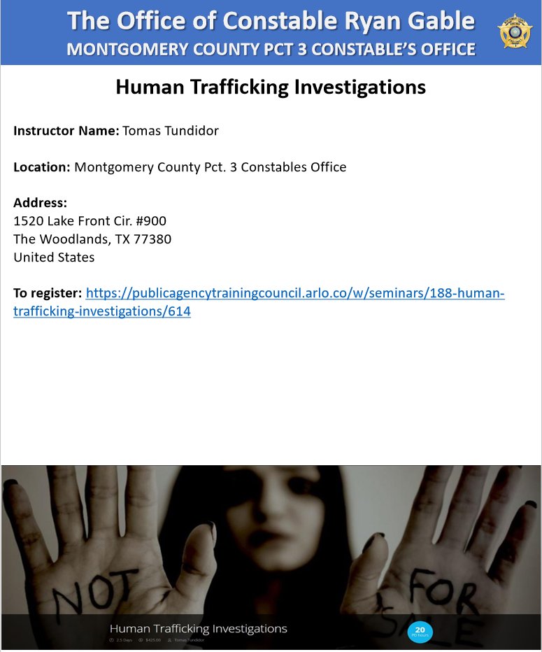 mocopct3's tweet photo. **** TRAINING EVENT ****

Human Trafficking Investigations
Start Date: Mon, 5/20/2024 - 8:00am
End Date: Wed, 5/22/2024 – 12:00pm
Course: Human Trafficking Investigations
Audience: Law Enforcement Only
To register: https://t.co/riQculP74V 

#mcco3 #trainingevent https://t.co/pXvsYJEjsY