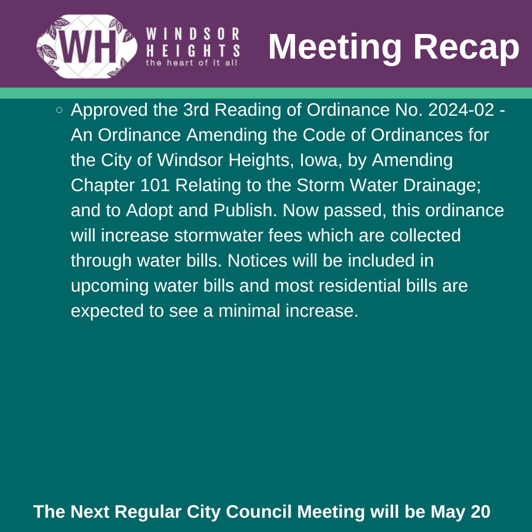 Here is a brief highlight of the May 6 City Council meeting. The recap is not minutes of the meeting. Minutes are considered and approved at the subsequent meeting. A recording of the Council meeting is up at youtube.com/@windsorheight…
