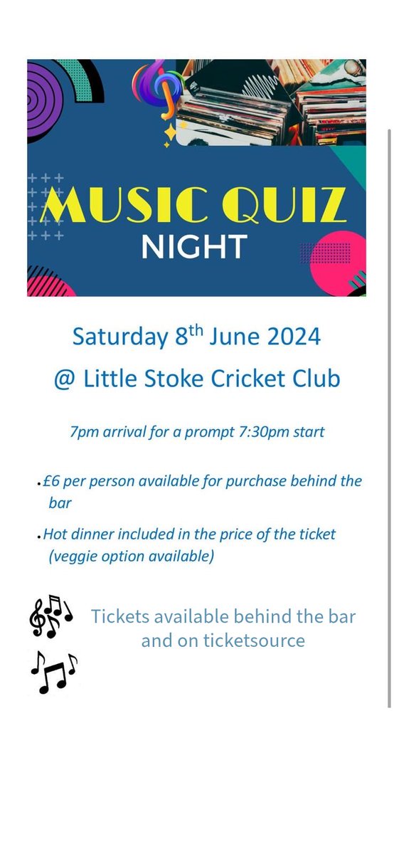 LittleStokeCC's tweet photo. On the 8th June will be hosting a Music Quiz Night! 🎶 Tickets are available behind the bar and on ticketsource! 

https://t.co/4FiSwZeurr https://t.co/YJrJke3qjq