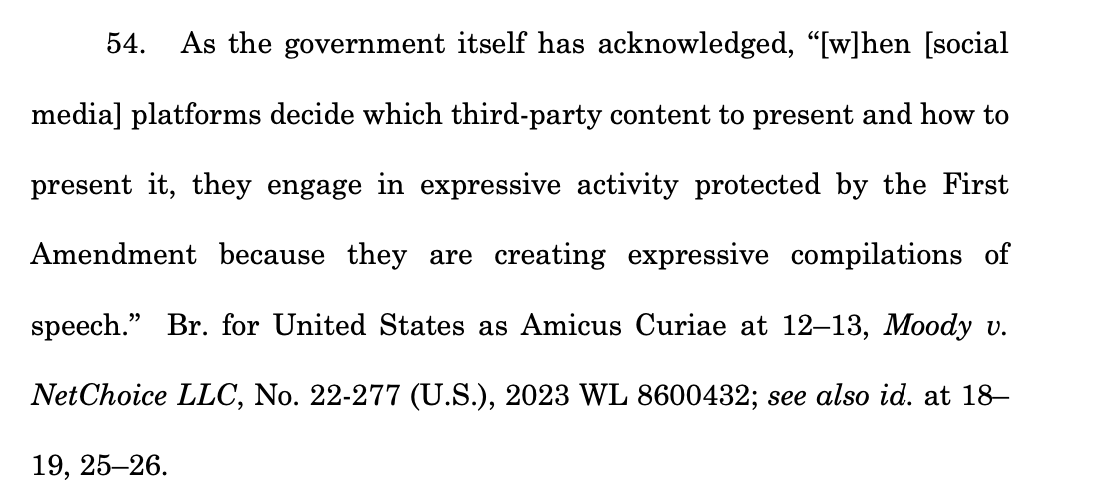 Looks like TikTok is also using the U.S. government's own words against it, citing the amicus brief the government's filed in the Moody v Netchoice case currently being considered by the U.S. Supreme Court. For context about the Netchoice cases, here's a story I wrote when…