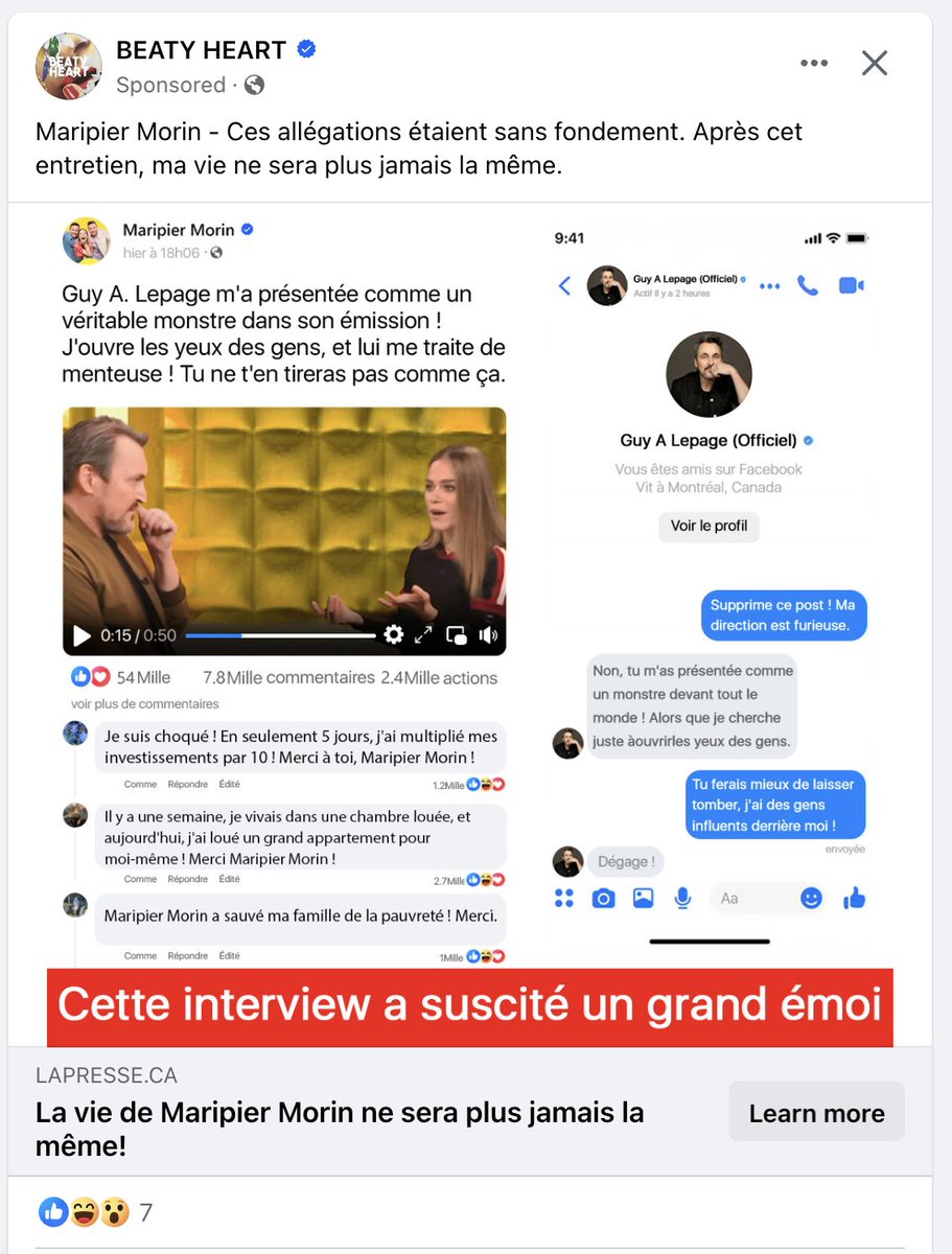 Meta bloque les nouvelles canadiennes depuis maintenant 280 jours... Ironiquement, les faux articles pullulent sur Facebook comme jamais 🫥 Dernier exemple en lice, où des escrocs ont usurpé cette semaine l'identité de @guyalepage, Maripier Morin et @LP_LaPresse #polcan