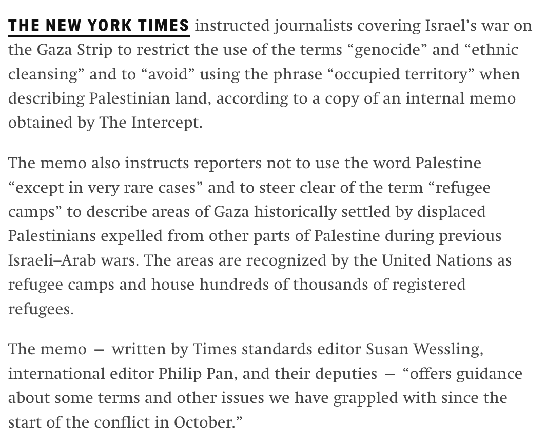 The @nytimes advises use of the word Palestine only in rare cases. Remove the word and remove sight. It's become clear that many do not see Palestinian lives as entirely real. They don't see their life, their death, their children. They don't even see that they don't see.