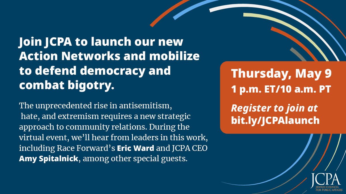 Jewish safety is inextricably linked with the safety & rights of all people and our democracy itself. This Thursday at 1pm ET/10am PT, join our CEO @amyspitalnick to launch our new Action Networks with Eric Ward from @RaceForward & special guests. RSVP: bit.ly/JCPAlaunch