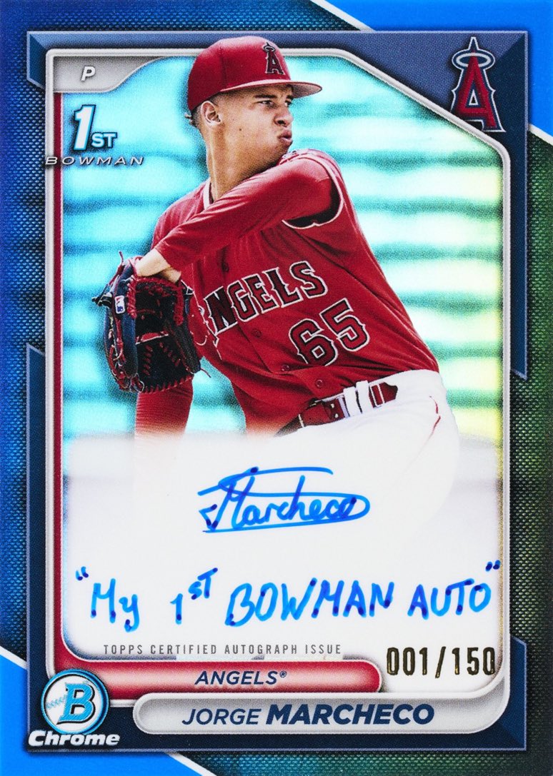 Pretty cool that @Topps had the player add an inscription to the auto on the 1/150 1st Bowman Blue Refractor Autos in #2024Bowman 💥