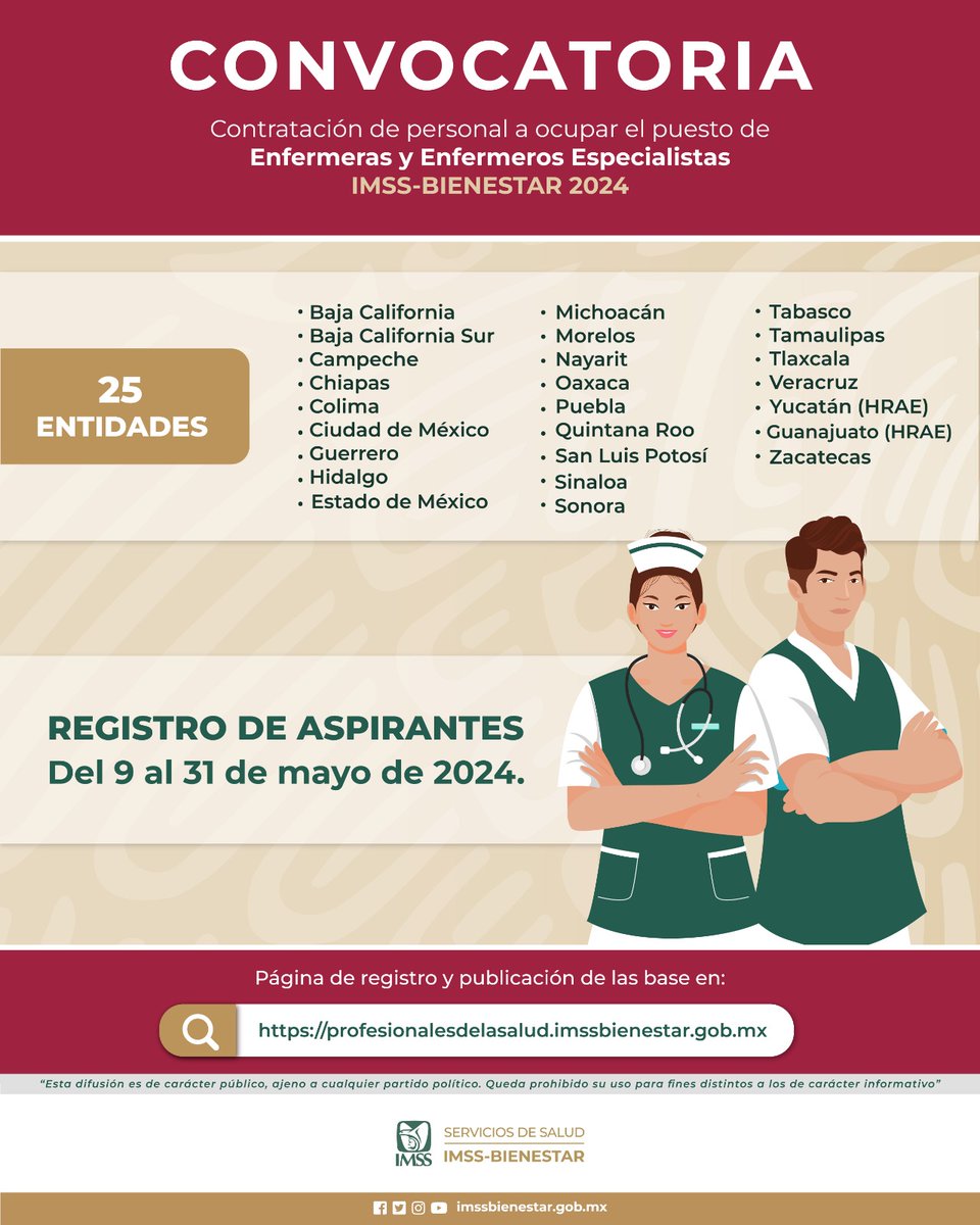 IMSS_Bienestar's tweet photo. 📢 #CONVOCATORIA 

¿Eres enfermera o enfermero especialista y buscas una oportunidad laboral? 👩🧑

Únete a nuestro equipo #IMSSBIENESTAR 

El registro de aspirantes estará abierto del 9 al 31 de mayo.
Regístrate y consulta las bases 👉 

https://t.co/FPHaubjagN https://t.co/Do9s9UJFOz