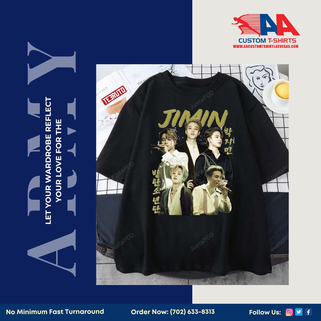 Calling all BTS fans! Customize your love for BTS ARMY with our exclusive T-shirt line. Choose your design and flaunt it! 🌟
Contact us at (702) 633-8313 or visit aacustomtshirtlasvegas.com to order now.

 ➡️ NO MINIMUM
 ➡️ Fast Turnaround
#BTS #AACustomTShirts #CustomTees #TShirts