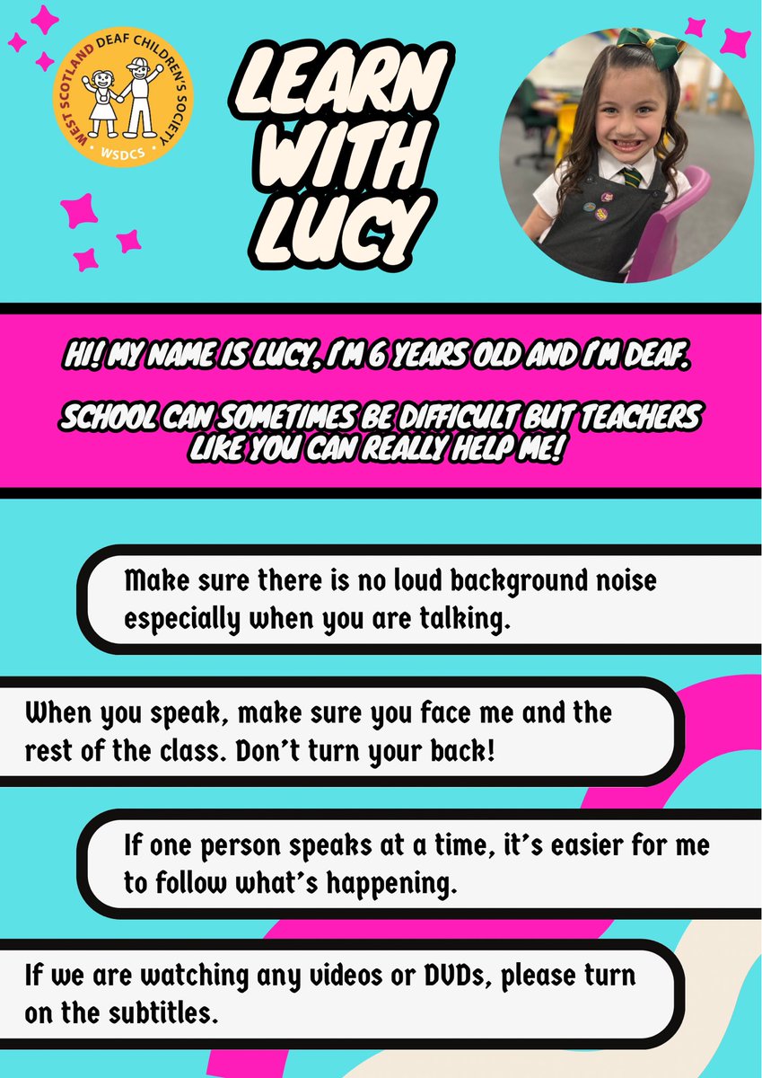 We asked Lucy what would make socialising and school easier for her and make her feel more included. Check out Lucy’s Top Tips! 

Please retweet and share with everyone you know 💛 #DeafAwarenessWeek #DeafAwarenessWeek2024 #Deaf #BSL #Charity #Communication