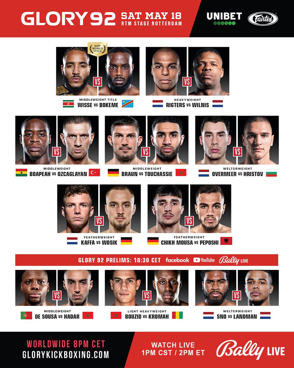 LIVE Saturday May 18 1pm CST / 2pm ET | We've got #Glory92 streaming for free. Can't wait? Check out the Glory Channel in the Bally Live App for fight replays all day long