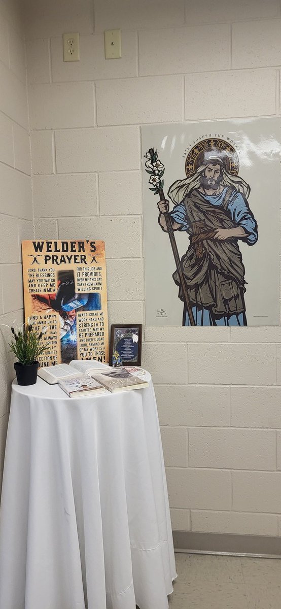 Trades classroom prayer corner upgrade #1 - St. Joseph the Worker, pray for us! Just in time for #CatholicEducationWeek! <a href="/cchschool/">Catholic Central</a> <a href="/HolySpiritRCSD/">Holy Spirit Catholic School Division</a> #ibelieveincatholiced