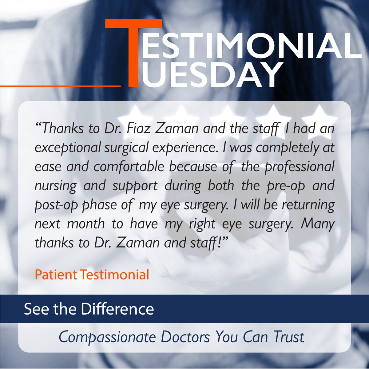 We are dedicated to transforming lives through exceptional eye care. Today, we are honored to share the words of one of our amazing patients.

👁️ Fiaz Zaman, MD, FACS
👉 Glaucoma Specialist, Comprehensive and Refractive Ophthalmology

#EyeCare #WeCare #SeeTheDifference