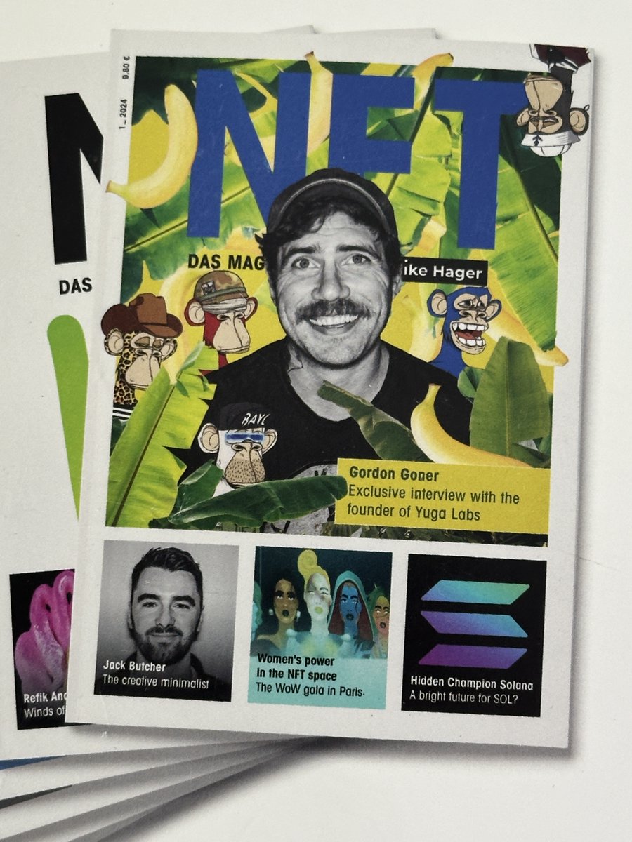 gm gm #iCONSofNFT 🍌 Going BANANAS today, look what the mailman just dropped in 📩 My NEW COVER with portraits of the king of apes @GordonGoner and the king of design @jackbutcher 📸📸 Mike aka warrenhimself @nullinger does not just use any stamp 👇 @BoredApeYC represented 🐵