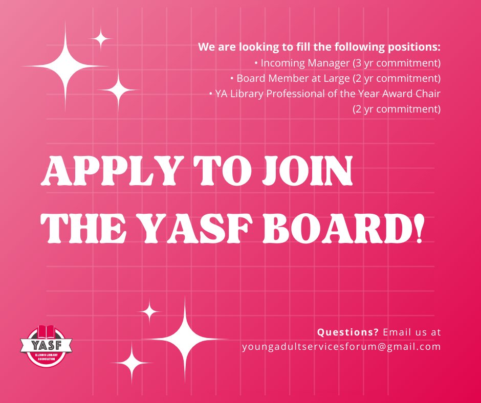 We're excited to announce some upcoming opportunities to join our Board! We are currently looking to fill the roles of incoming manager, board member at large, and YA Library Professional of the Year Award chair. If you're interested, see the replies to apply! @IllLibraryAssoc