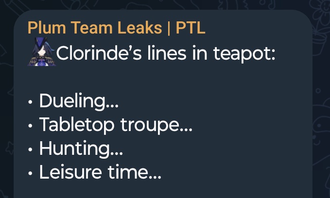 Clorinde thoughts in teapot!!

she's so boring she just thinks about 4 topics and one is about her job😹