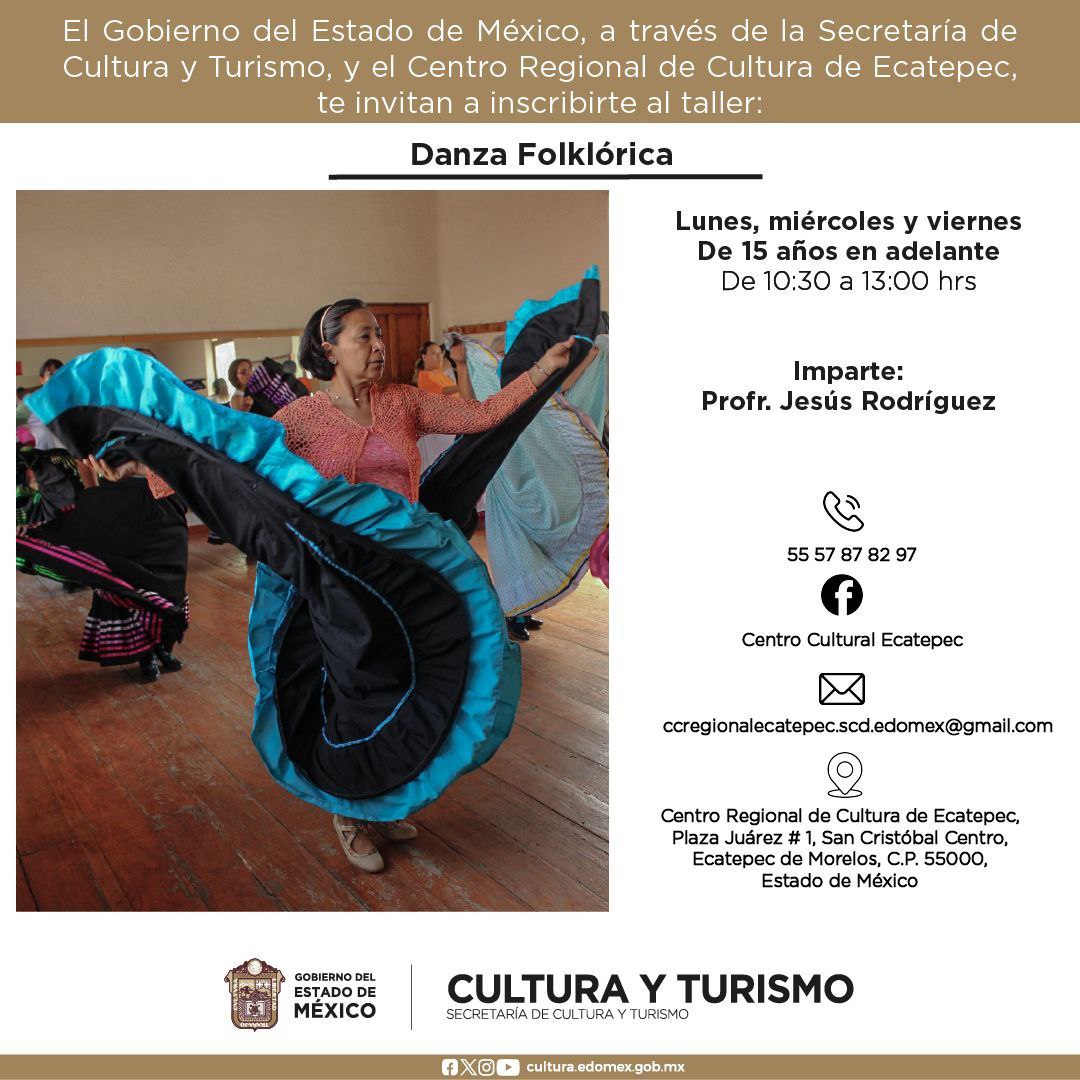 Te invito a disfrutar del taller de #DanzaFolklórica 💃🏻 que el Centro Regional de Cultura de Ecatepec imparte los lunes, miércoles y viernes. Sigamos conservando expresiones artísticas que representan nuestras tradiciones mexicanas 🇲🇽. ¡Inscríbete! Checa toda la información 👇🏼.