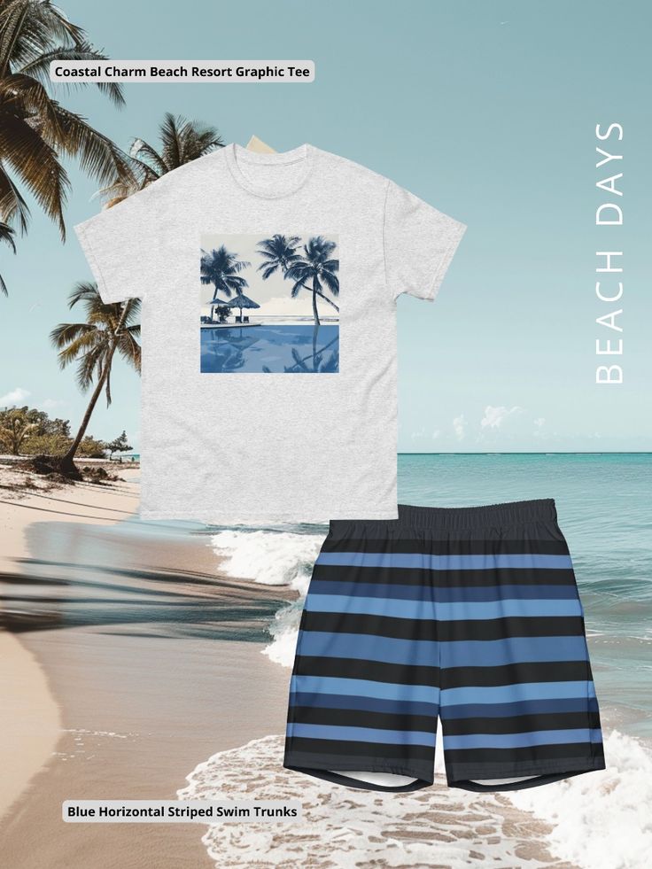 Elevate your summer look with B.W. Designs Merch! Dive into coastal charm with our men's beach outfit: striped swim trunks + graphic tee. Perfect for beach days or casual hangs. Shop now! #BeachFashion #MensStyle #SummerOutfit #CoastalCharm #SwimTrunks #GraphicTee #Beachwear
