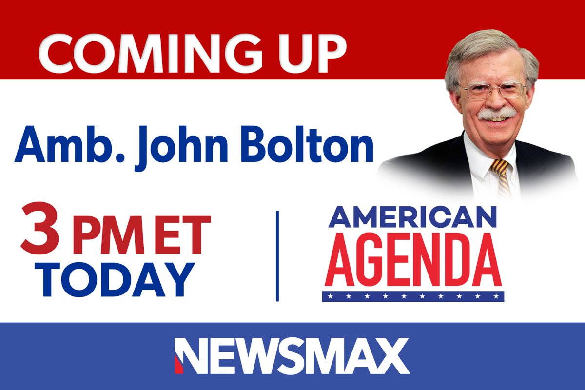 COMING UP: Former U.S. Ambassador to the United Nations John Bolton joins 'American Agenda' to discuss the latest major developments in the Israel-Hamas war at 3 PM ET on NEWSMAX! TUNE IN: bit.ly/42YInnL @AmbJohnBolton @LidiaNews @BobBrooks_NMX