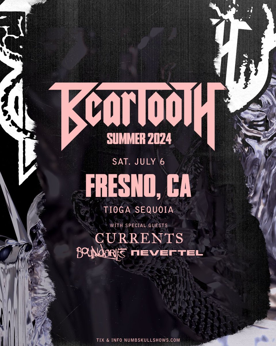 Just announced @BEARTOOTHband Summer 2024 Tour with Currents, Boundaries, Nevertel Saturday, July 6 @TiogaSequoia Fresno All Ages. Special presale 5/7 11am password EARLYTOOTH, General onsale 5/10 10am @TicketWeb