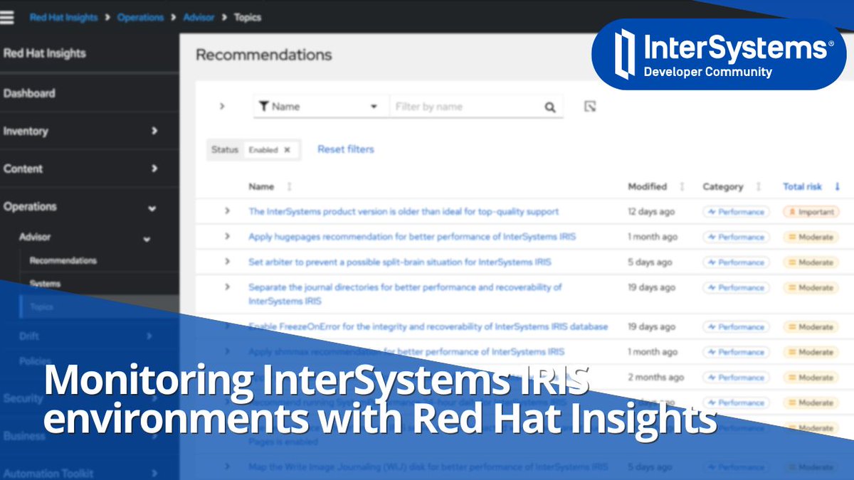 🔍 Dive into the world of monitoring #InterSystemsIRIS environments with Red Hat Insights! Learn how to leverage Red Hat Insights to gain information about your IRIS environment, identify potential issues, and proactively address them 👇 community.intersystems.com/post/monitorin… Don't miss out