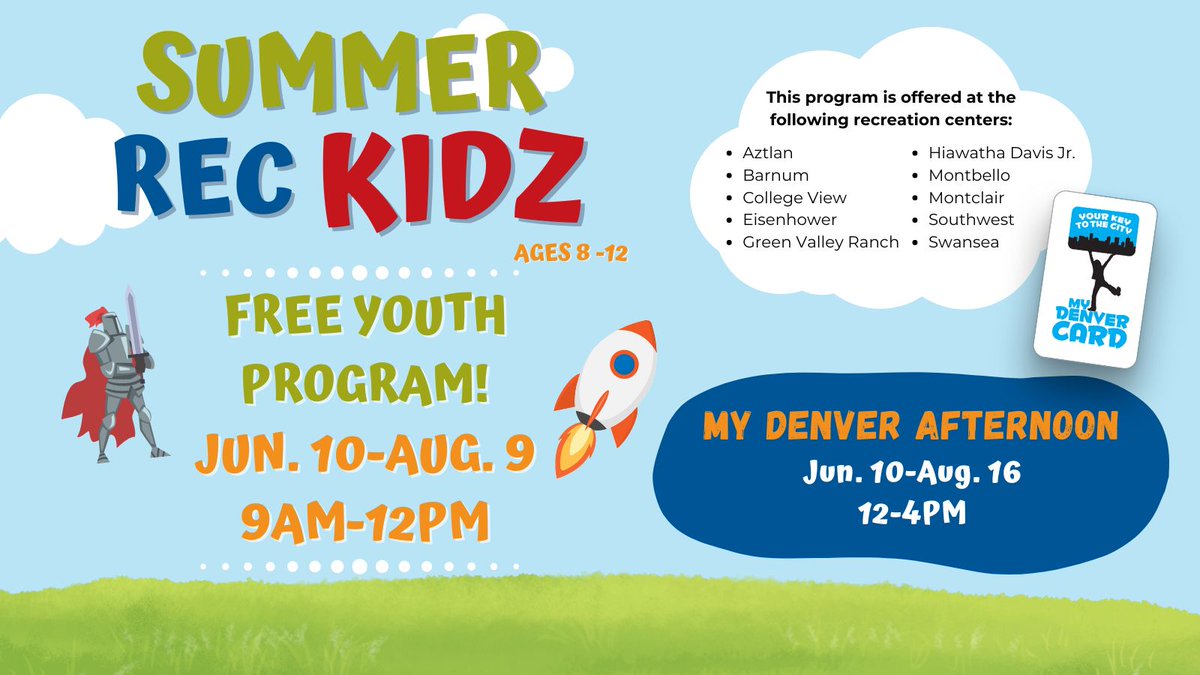 Experience the ultimate summer adventure with Summer Rec Kidz, DPR's brand-new, free day camp for kids ages 8-12! Weekly themes include Outdoor Survivor Challenge, Medieval Times, Bug’s Life, and much more! Registration required.For more information, visit denvergov.org/Government/Age…