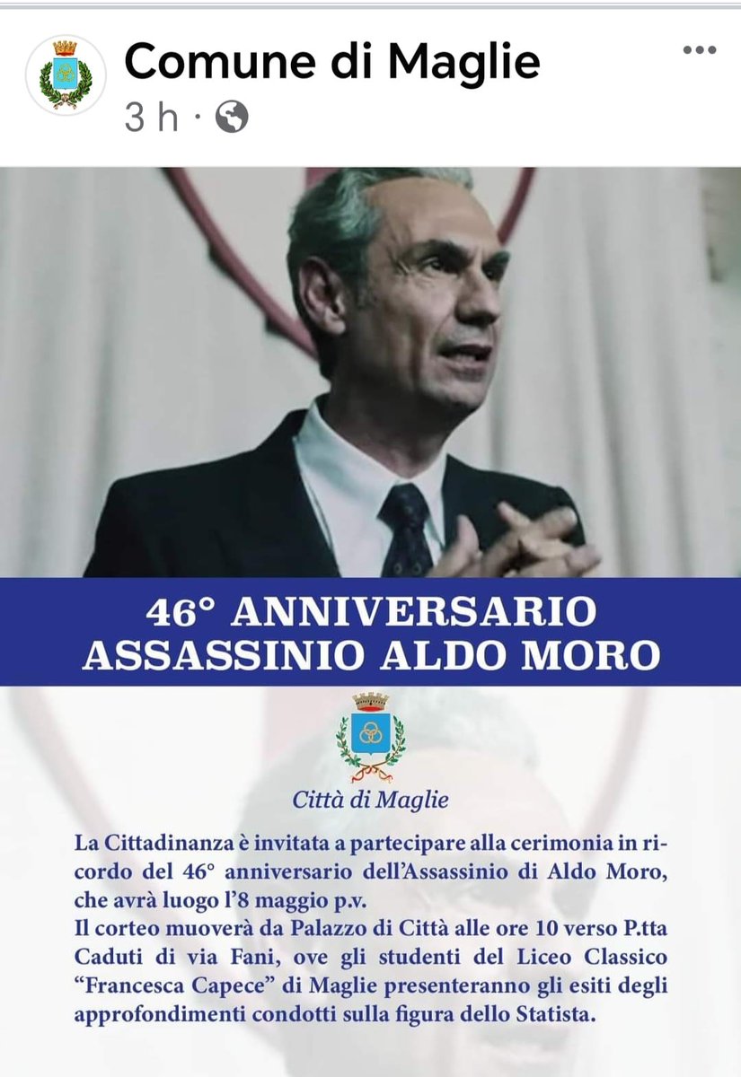 A Maglie (LE), paese natale di Aldo Moro, la pagina istituzionale del Comune e tutti i manifesti per l'annuncio della commemorazione hanno l'immagine di Gifuni che interpreta Moro anziché l'originale. 

#AldoMoro #Giguno #propagandalive @welikeduel