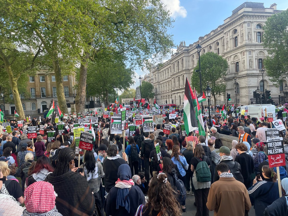 We’re outside Downing St to demand the U.K. #StopArmingIsrael. #EyesOnRafah