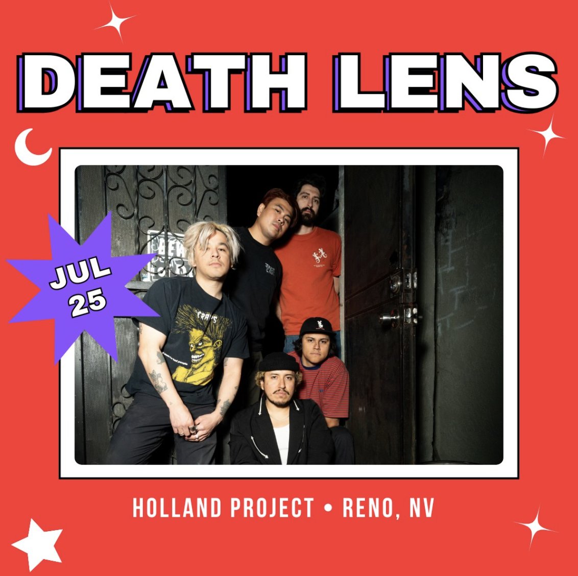 ON SALE NOW! 🌟 We're excited to announce the East LA alternative punk band, DEATH LENS, is returning on July 25th for their album release headlining tour w/ support from Strawberry Fuzz, and Grave Secrets, get ur tix at hollandreno[.]org