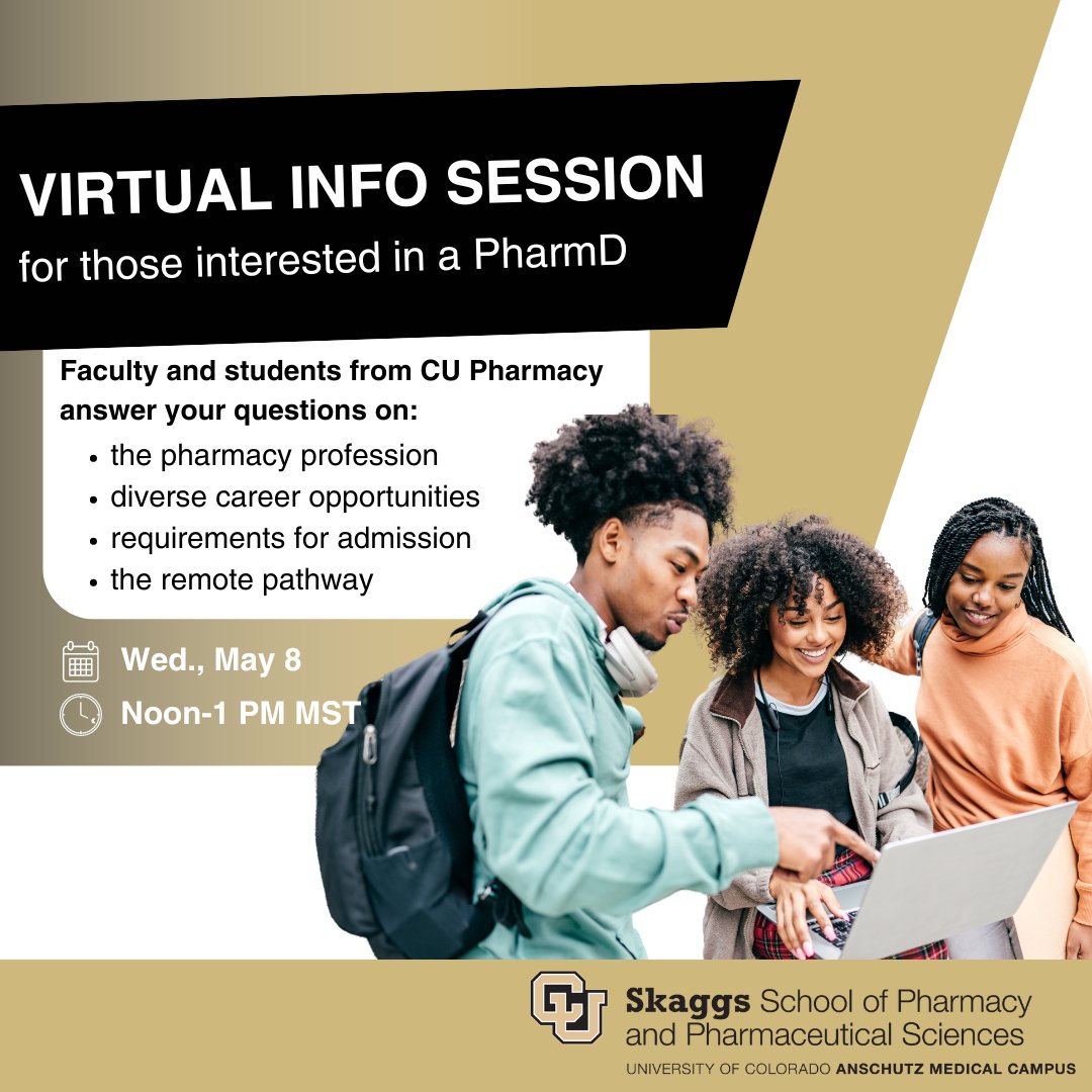 Hey future #pharmacists! What are you doing tomorrow at noon? Hop on a virtual info session with Dr. Chandler Follett and current CU students to ask all of your questions! Learn more about the profession, our remote pathway, and 100+ career opportunities bit.ly/3JQq3pH