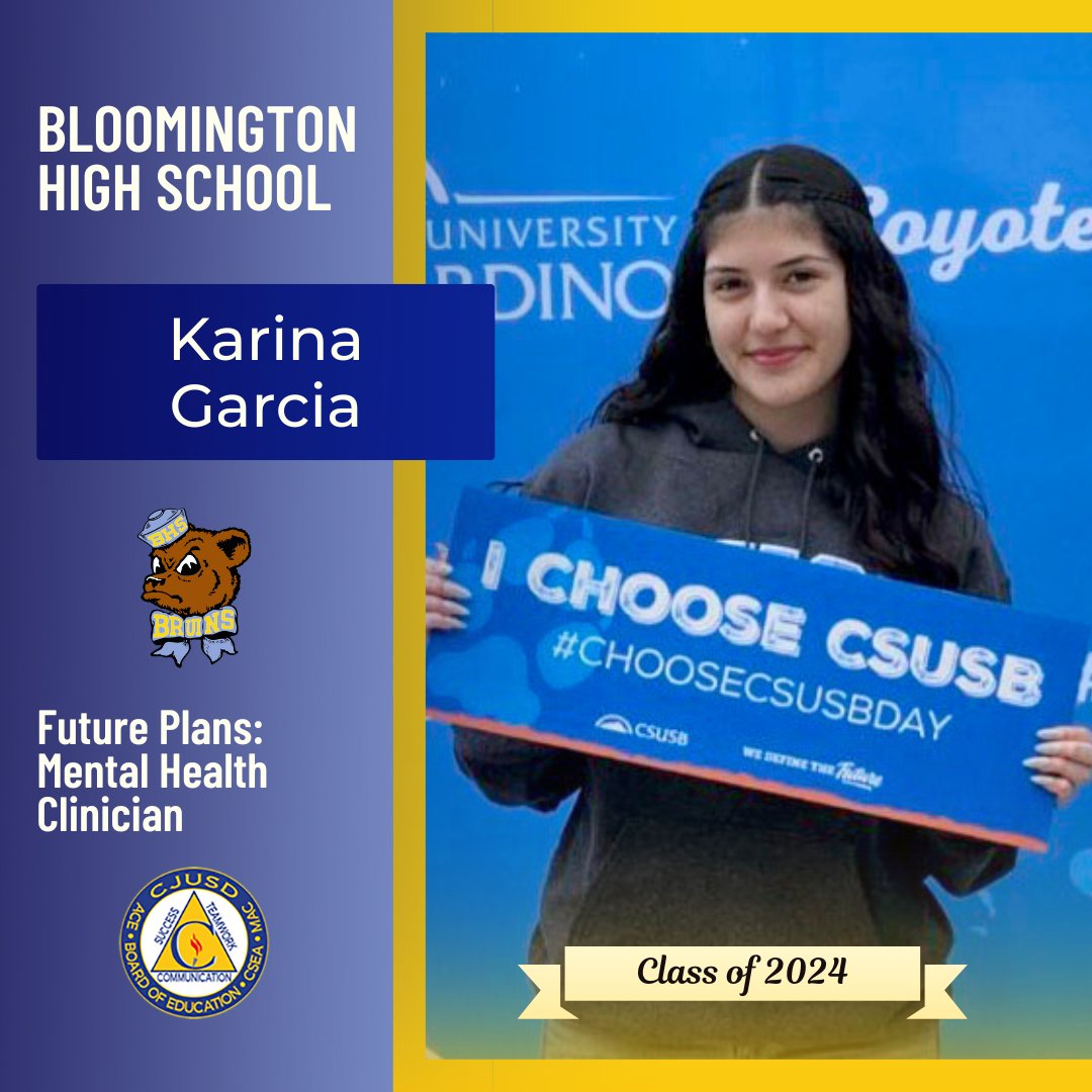 Congrats to Bloomington High School 🎓senior Karina Garcia, who plans to become a mental health clinician! #CJUSDCares #BHS #BHSForSuccess 🐻🎉 Seniors, to be featured in our #CJUSD Class of 2024 Spotlight, visit bit.ly/CJUSDsenior2024