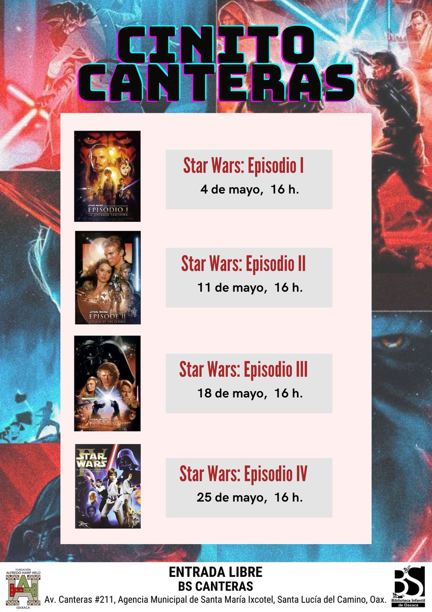 Los sábados de este mes en la BS Canteras son de Star Wars. Y este sábado 11 de mayo tendremos el episodio II. 
No se pierdan de venir a disfrutar de estas increíbles películas en familia. ¡Les esperamos! 
#FAHHporMéxico #FAHHO #BScanteras #starwars #starwarsfan @FundacionAHHO