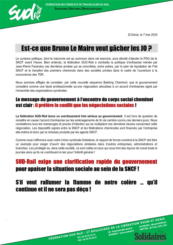 🚨 Communiqué de #presse : est-ce que @BrunoLeMaire veut gâcher les #JeuxOlympiques ? ⛔️La fédération #SUDRail lance un avertissement très sérieux au @gouvernementFR. S'il veut rallumer la flamme de notre colère, qu'il continue ! #SNCF #social
