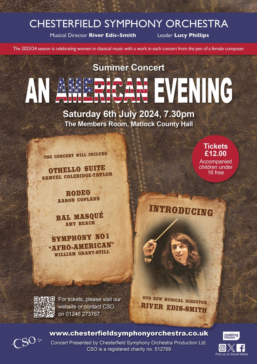 Tickets now available for An American Evening on July 6th at  7.30pm at Matlock County Hall where we'll be introducing our new Musical Director River Edis-Smith #classical #Derbyshire #orchestra #matlock #chesterfield Tickets from our website or phone 01246 273767