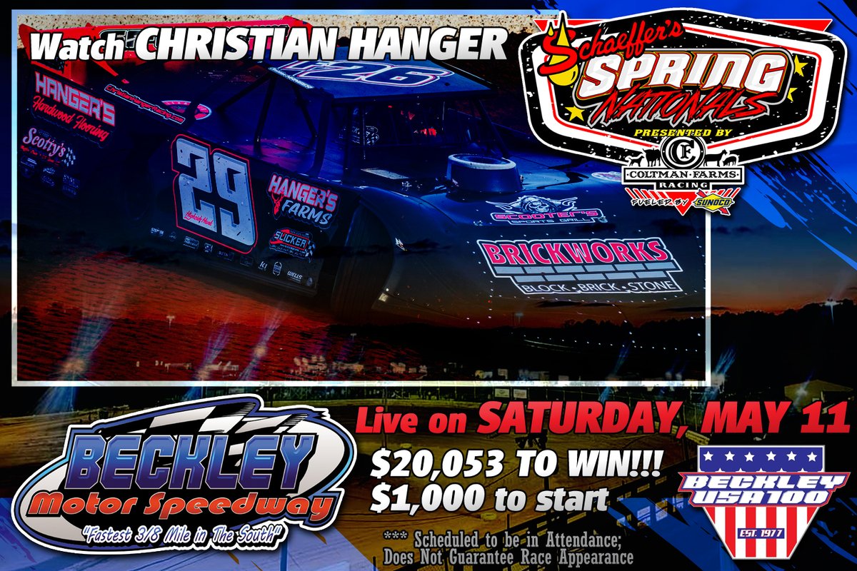 Watch Christian Hanger vie for the $20,053 top prize with the @SchaefferOil #SpringNationals in the annual Beckley USA 100 on Saturday, May 11 at Beckley Motor Speedway! If you are unable to make the trip to Mount Hope, West Virginia, watch every lap LIVE on @FloRacing. 🏁