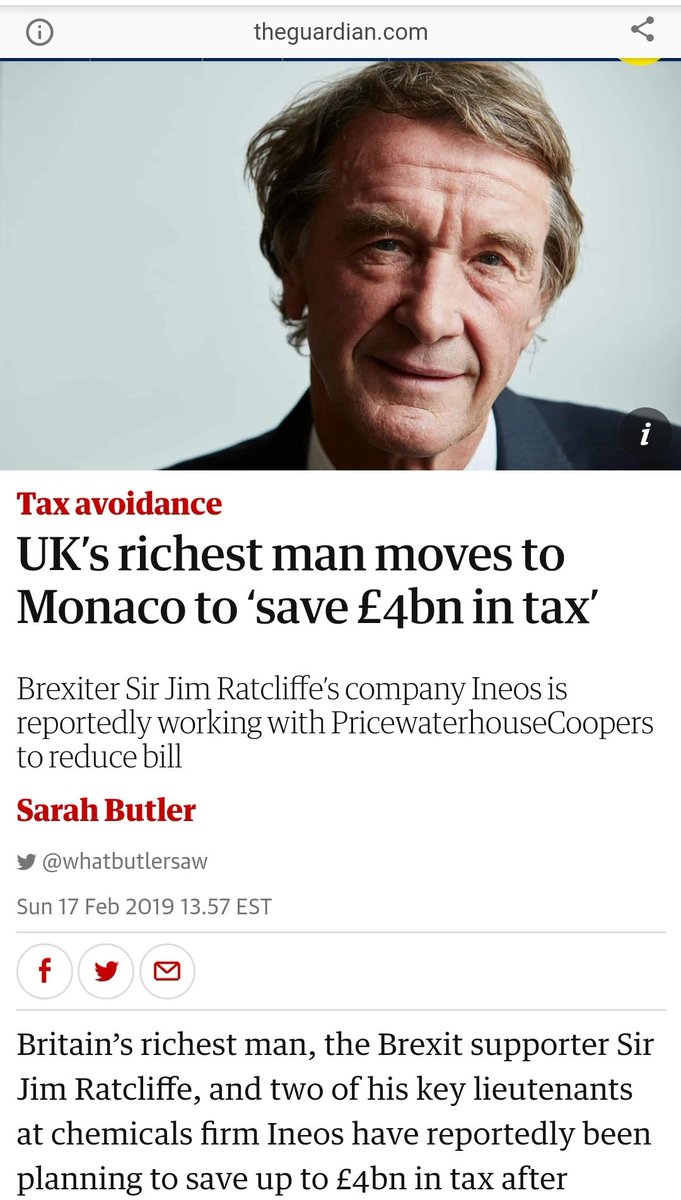 Britain's richest man, Brexiter Sir Jim Ratcliffe, moved to Monaco to save £4bn in tax. So much for the patriotism of the Brexiters.