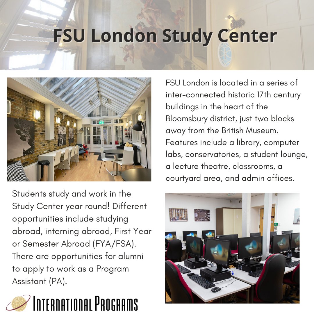 London calling...
FSU Global streamlines and promotes all international activities at @FloridaState. This time, we are highlighting the FSU London Study Centre! Follow along to learn more about the study centre and ways you can participate.

* 
* 
#FSUGlobal #FSULondon #FSUIP