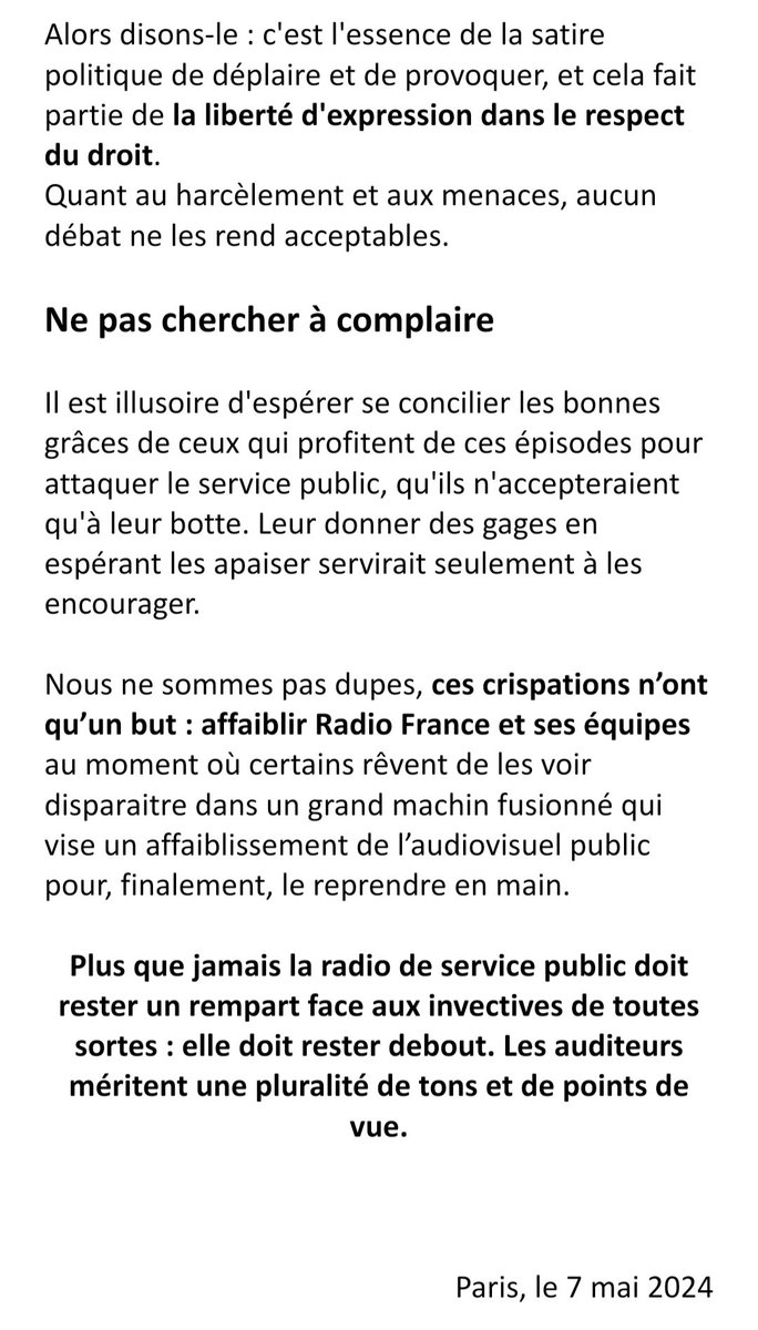 Puisqu'il est indispensable de marteler les fondamentaux 🔨  

"C'est l’essence de la satire politique de déplaire et de provoquer et cela fait partie de la liberté d’expression dans le respect du droit" écrit la section SNJ de Radio France 
<a href="/snj_rf/">SNJ Radio France</a> 
👏👏  snj-rf.fr/radio-france-a…