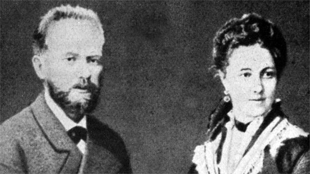 Tchaikovsky with his erstwhile wife Antonina Miliukova at the time of their marriage in July of 1877. Although he'd married to quell rumors about his homosexuality, he soon found her presence 'repugnant.' He held on for two months then fled, never to see her again.