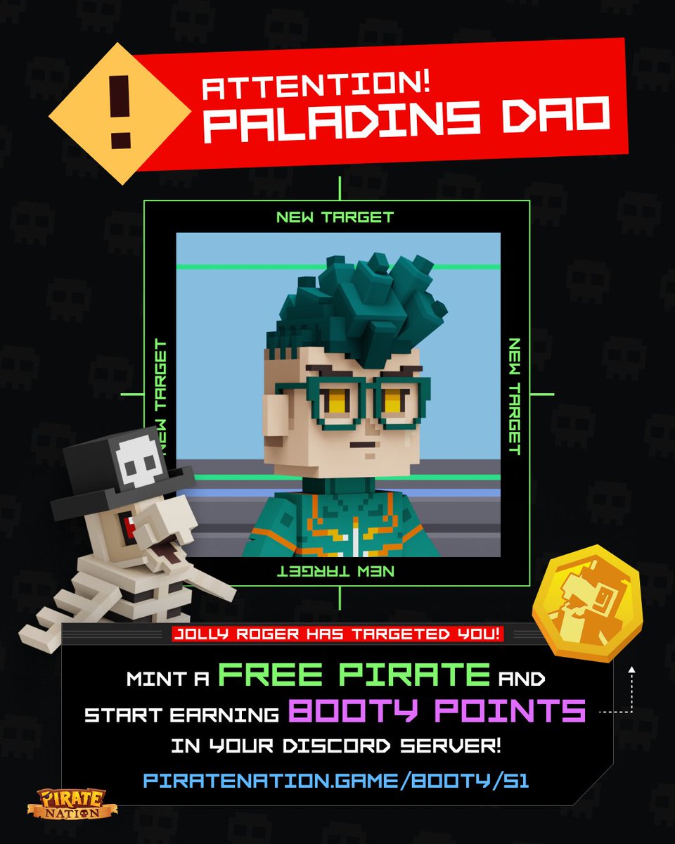 PirateNation's tweet photo. Welcome @PaladinsDao to the Jolly Roger 🏴‍☠️

For the next 48 hours, anyone holding a Paladins DAO Pass can mint a free Pirate, join the game, and start earning BOOTY Points.

Mint your free Pirate here and start earning yer BOOTY now:

https://t.co/iXWqu87kHL https://t.co/6Y0eYdrRH2