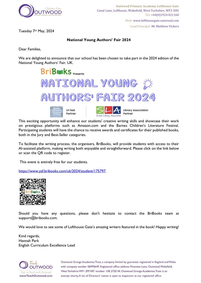 We are delighted to announce that our school has been chosen to take part in the 2024 edition of the National Young Authors’ Fair, UK. A letter has been sent out today with all of the information on how to register. ✍🏻📖💜