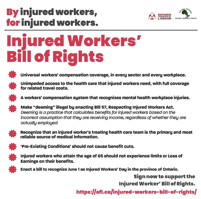 The Injured Workers' Bill of Rights outlines the minimum rights that the provincial government must guarantee to ensure just and non-discriminatory treatment for #InjuredWorkers! Sign this bill of rights, by injured workers, for injured workers ofl.ca/action/injured…