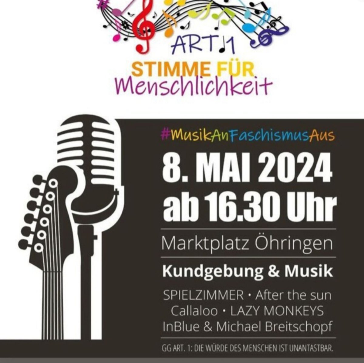 #SaveTheDate #Öhringen 08.05.24 ab 16:30 Uhr 

Motto: Musik an, Faschismus aus

Stimme für Menschlichkeit

#WirSindDieBrandmauer #NieWiederIstJetzt #LautGegenRechts #SeiEinMensch #NoAfD