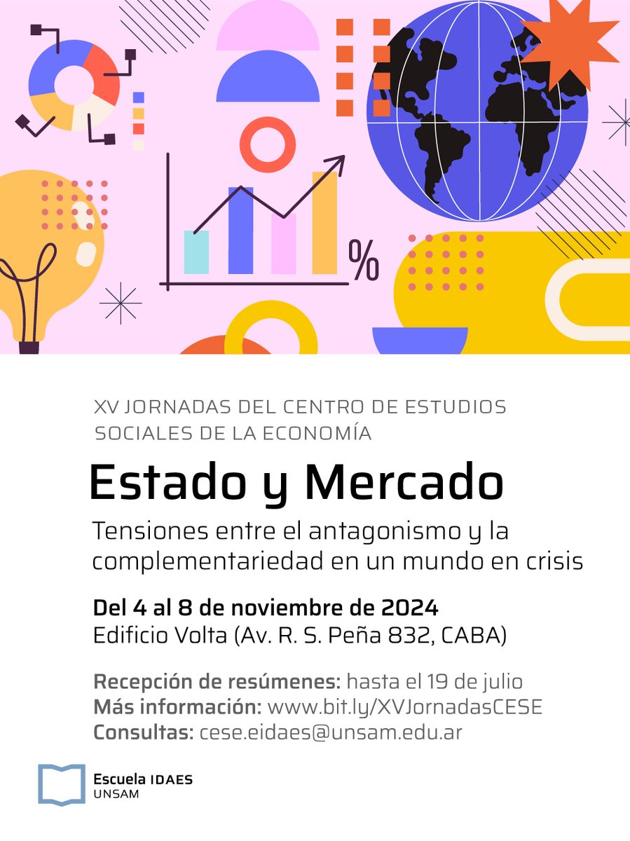 LLEGAN LAS XV JORNADAS DEL @ceseidaes 
'Estado y Mercado: tensiones entre el antagonismo y la complementariedad en un mundo en crisis'
 
 📆 4 al 8 de noviembre
 ⏳ Recepción de resúmenes hasta el 19 de julio
 ➕ bit.ly/XVJornadasCESE
 🌐jornadascese.com