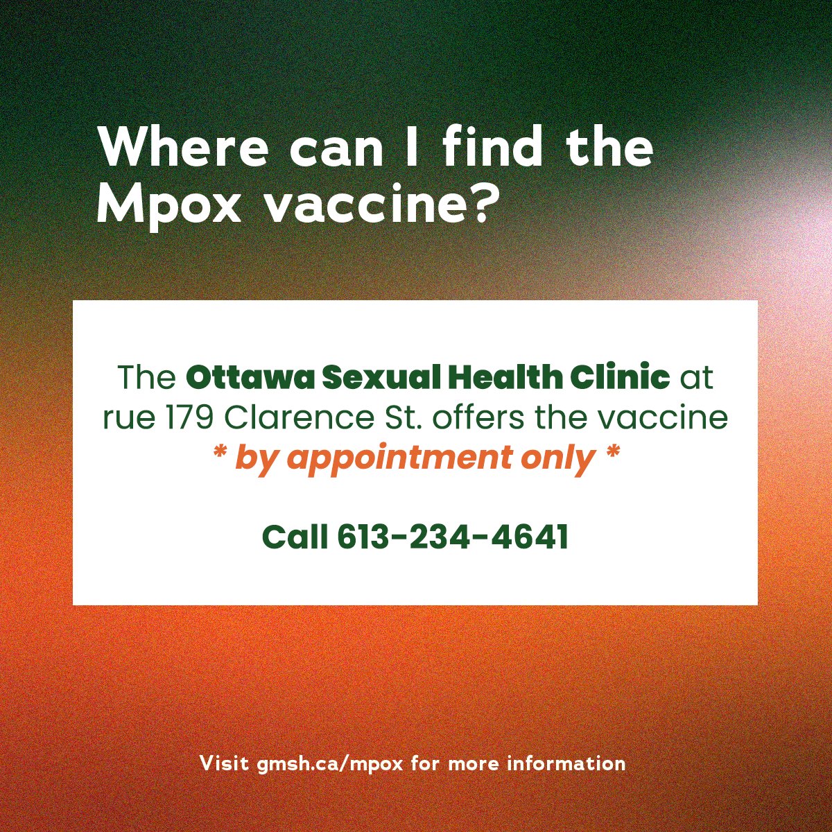 Mpox is back in Ontario! There have been 4 cases in Ottawa from January to end of March 2024 😖

You can get your 1st or 2nd dose of the vaccine from the <a href="/OttawaHealth/">Ottawa Public Health</a> Sexual Heal Clinic on rue 179 Clarence St. **by appointment only**! Call 613-234-4641 to book!
